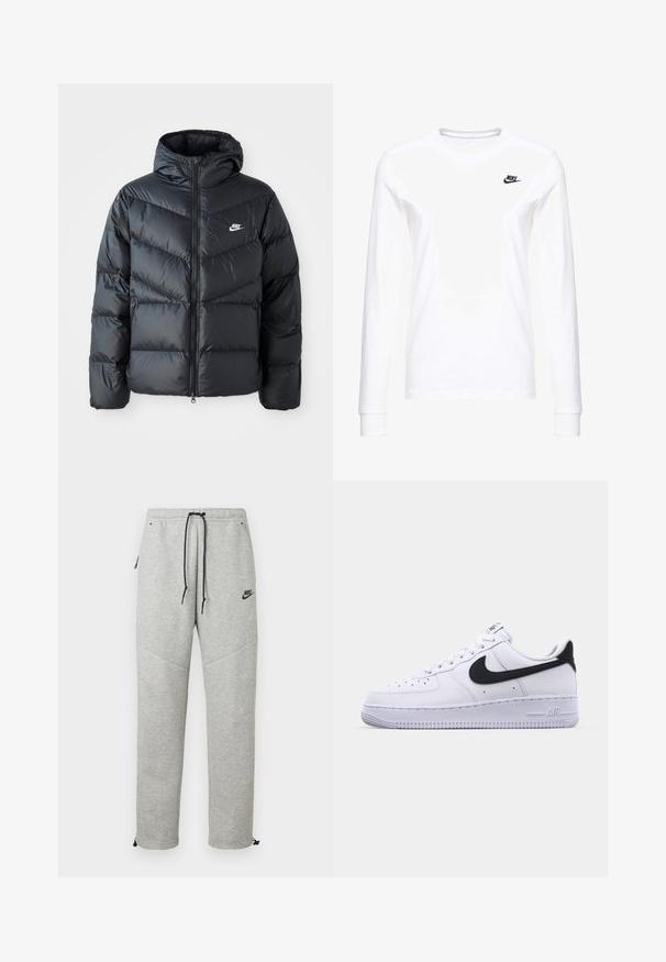 Čierna prešívaná bunda s kapucňou, disponujúca zipsovým uzáverom, dizajnom v tvare chevronu, bočnými vreckami a logom Nike na hrudi.; Biele dlhé rukávy tričko vyrobené z bavlny, s malým čiernym logom Nike na ľavej hrudi a okrúhlym výstrihom. Hladká textúra.; Šedé Nike tepláky so sťahovacím pásom, bočnými vreckami a elastickými manžetami. Majú hladkú textúru a kontrastný čierny logotyp.; Biele kožené tenisky s textúrovaným čiernym Swooshom, plochými šnúrkami a gumovou podrážkou s ryhovaným vzorom. Na päte je embosovaný nápis "AIR".