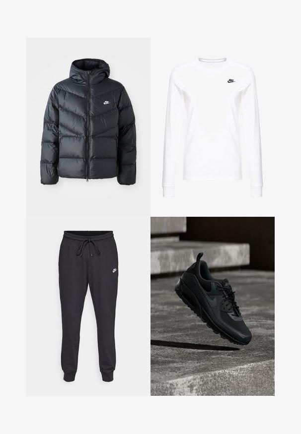 Zwarte pufferjack met capuchon, voorzien van een ritssluiting aan de voorkant, een chevron-quilt ontwerp, zijzakken en het Nike-logo op de borst.; Witte lange mouwen T-shirt van katoen, met een klein zwart Nike-logo op de linkerkant van de borst en een ronde halslijn. Gladde textuur.; Zwarte joggingsbroek van een katoenmix, met een elastische tailleband en trekkoord, geborduurde enkels en een wit Nike-logo op de dij.; Zwarte Nike Air Max sneaker zwevend in de lucht boven een getextureerde betonnen ondergrond met betonnen traptreden op de achtergrond.