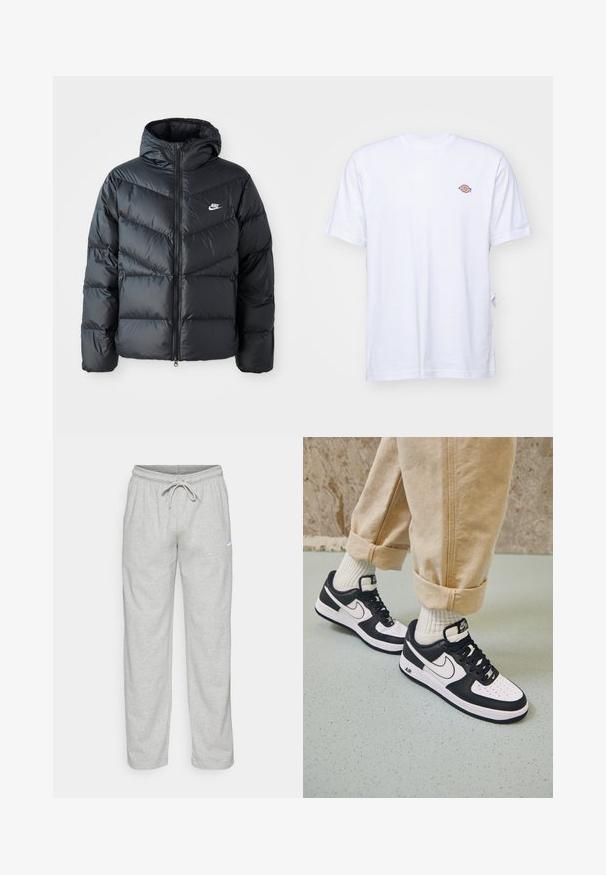 Čierna prešívaná bunda s kapucňou, disponujúca zipsovým uzáverom, dizajnom v tvare chevronu, bočnými vreckami a logom Nike na hrudi.; Biela bavlnená tričko s výstrihom do V a krátkymi rukávmi. Má malé farebne vyšívané logo na ľavej strane hrudi. Mäkká textúra.; Svetlošedé teplákové nohavice vyrobené z jemného materiálu. Obsahujú elastický pás na šnurovanie a čierne logo Nike na ľavom stehne.; Čierno-biele tenisky Nike Air Force 1 s koženým zvrškom, perforovanou špičkou a textúrovanou podrážkou, kombinované s ohrnutými béžovými nohavicami a bielymi ponožkami.