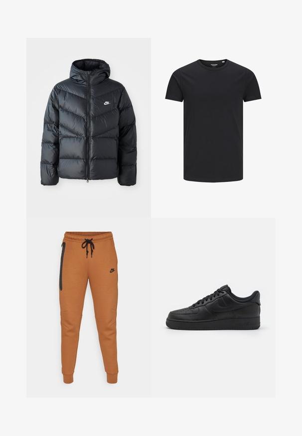 Schwarze Pufferjacke mit Kapuze, mit Reißverschluss vorne, Chevron-Steppdesign, Seiten Taschen und Nike-Logo auf der Brust.; Schwarzes Baumwoll-T-Shirt mit Rundhalsausschnitt, kurzen Ärmeln und schlichtem Design. Glatte Textur, keine Muster oder sichtbare Beschläge.; Nike Jogginghose in einem warmen Braunton, mit einem schwarzen Logo, elastischem Bund, seitlicher Reissverschlusstasche und schmal zulaufenden Beinabschlüssen.; Nike Sportswear AIR FORCE 1 07 FLYEASE - Sneaker low - black