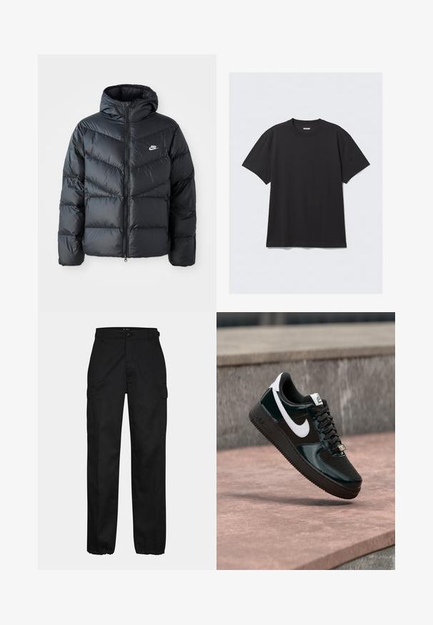 Čierna prešívaná bunda s kapucňou, disponujúca zipsovým uzáverom, dizajnom v tvare chevronu, bočnými vreckami a logom Nike na hrudi.; Čierne tričko s krátkym rukávom vyrobené z bavlny. Má okrúhly výstrih a voľný strih. Jednoduchý dizajn bez vzorov alebo akcentov.; Čierne cargo nohavice so strihom rovného strihu, s bočnými vreckami, zapínaním na gombík a elastickými manžetami na členkoch. Vyrobené z odolnej tkaniny.; Čierna lesklá teniska Nike Air Force 1 s bielym logom a šnúrkami vo vzduchu nad kamenným povrchom a stenou v pozadí.