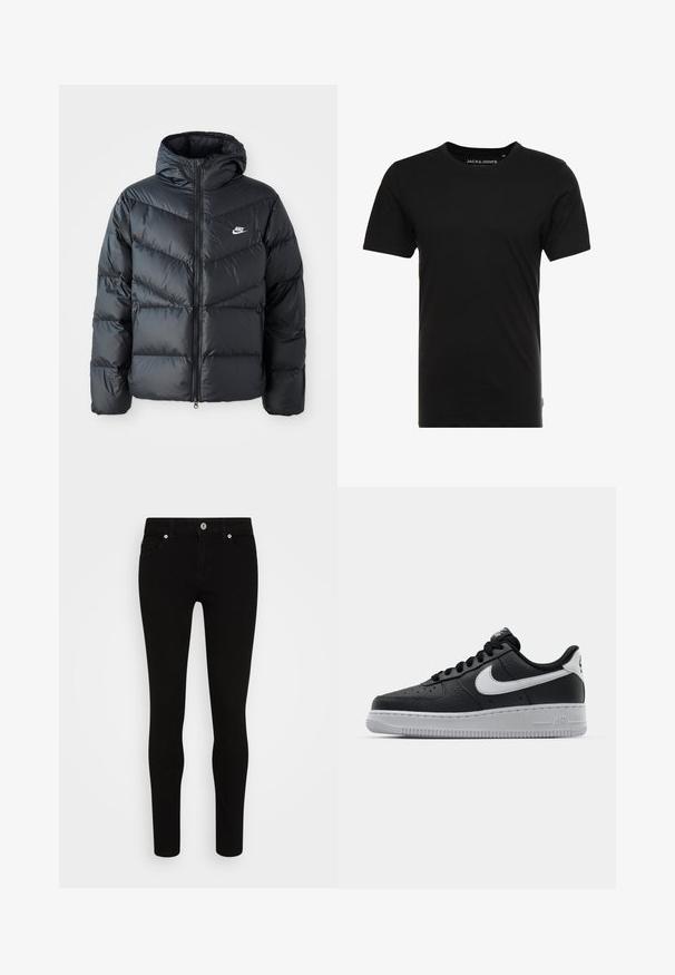 Schwarze Pufferjacke mit Kapuze, mit Reißverschluss vorne, Chevron-Steppdesign, Seiten Taschen und Nike-Logo auf der Brust.; Schwarzes T-Shirt mit kurzen Ärmeln aus Baumwolle, mit einem Rundhalsausschnitt und einem dezenten Logo-Tag an der Seite. Einfaches und vielseitiges Design.; Schwarze Skinny-Jeans mit glatter Textur, Fünf-Taschen-Design, vorderer Knopfverschluss und schlankem Schnitt. Minimalistischer Stil ohne sichtbare Muster.; Schwarze Ledersneaker mit strukturierten Oberflächen, weißem Nike-Swoosh, grauer Sohle, runder Zehenpartie und Schnürdesign. Verfügt über Perforationen an der Zehenbox.