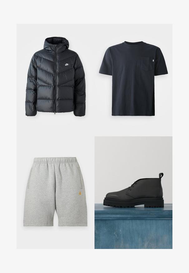 Must must vilakapp, millel on kapuuts, esiosal on lukuga kinnitamine, chevroni õmblusmustri disain, küljetaskud ja Nike logo rinnal.; Tumed mereväärne puuvillane T-särk, millel on ümmargune kaelus ja lühikesed varrukad. Särk sisaldab ühte rinnaülikat ja sirgetHem.; helehallid elastse vöökohaga lühikesed püksid küljetaskute ja vasakul jalal väikese kollase logoga, kuvatud valgel taustal lamades.; Must musta chelsea saapa dublid tekstureeritud pealispinna, lipsudega disainiga ja paksu kummitaldaga, millel on sügavad mustrid haarde tagamiseks.