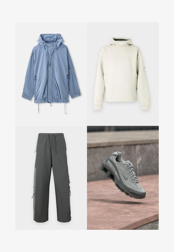 Hellblauer Jacke mit Kapuze, verstellbaren Kordeln, zwei Vorderaschen und elastischen Bündchen. Hergestellt aus wasserabweisendem Material mit einer glatten Textur.; Cremefarbener Hoodie mit hohem Kragen und Kordelzug, dezentes eingeprägtes Logo auf der Brust sowie grüne Paspeln an Ärmeln und Seiten.; Dunkelgraue Cargohose mit elastischem Bund, Kordelzug, Seitentaschen und Mesh-Akzenten, die einen lockeren, entspannten Sitz bietet.; Grau-weißer Nike-Sneaker, der über einer Steinstufe schwebt, mit sichtbarer Luftdämpfung und strukturiertem Sohlenprofil.
