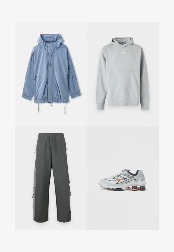 Lysblå jakke med hætte, justerbare snore, to forlommer og elastiske manchetter. Lavet af vandafvisende materiale med en glat tekstur.; Lysegrå Nike hoodie med frontlogo, lange ærmer og hætte, vist mod en ensfarvet hvid baggrund.; Mørkegrå cargobukser med elastik i taljen, snøre, sidelommer og mesh-detaljer, med en løs og afslappet pasform.; Lyst grå løbesko med sorte detaljer, orange logo, mesh-overdel, polstret krave og gummisål med synlige stødabsorberende enheder.