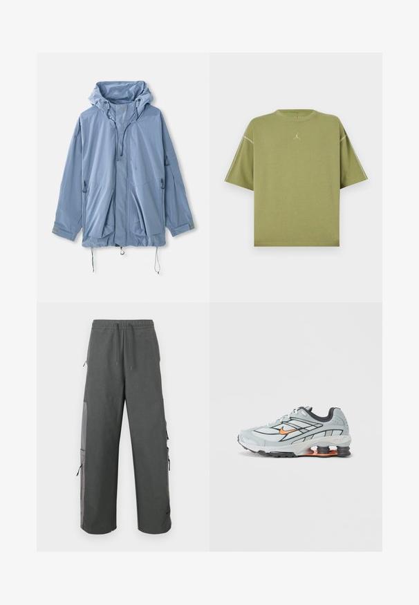 Lysblå jakke med hætte, justerbare snore, to forlommer og elastiske manchetter. Lavet af vandafvisende materiale med en glat tekstur.; Olivengrøn oversized T-shirt med korte ærmer, rund hals og lille broderet logo på midten af brystet.; Mørkegrå cargobukser med elastik i taljen, snøre, sidelommer og mesh-detaljer, med en løs og afslappet pasform.; Lyst grå løbesko med sorte detaljer, orange logo, mesh-overdel, polstret krave og gummisål med synlige stødabsorberende enheder.