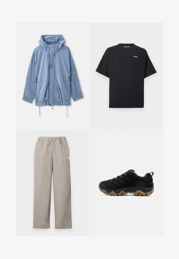 Lichtblauwe jas met een capuchon, verstelbare trekkoorden, twee voorkruiszakken en elastische manchetten. Gemaakt van waterafstotend materiaal met een gladde textuur.; Zwart T-shirt met korte mouwen, met een klein wit Columbia-logo op de linkerborst, een ronde hals en een relaxte pasvorm.; Beige rechte broek met elastische tailleband en een klein wit logo op het rechter zijnnaad.; Zwarte wandelschoen met robuuste bruine Vibram-zool, bovenwerk van mesh en suède, vetersluiting en achterste aantreklus, gezien vanaf de buitenkant.