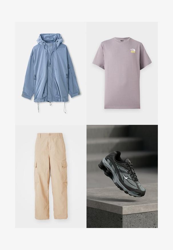 Lysblå jakke med hætte, justerbare snore, to forlommer og elastiske manchetter. Lavet af vandafvisende materiale med en glat tekstur.; Lyse lilla kortærmet t-shirt med The North Face-logo og nummer 2966 i gult på venstre bryst.; Beige cargo bukser med afslappet pasform, lavet af letvægtsstof, med to sidelommer og en knaplukning i taljen.; Grå og sort atletiksko med meshpaneler og tyk sål, placeret i luften over en betonliste med trapper i baggrunden.