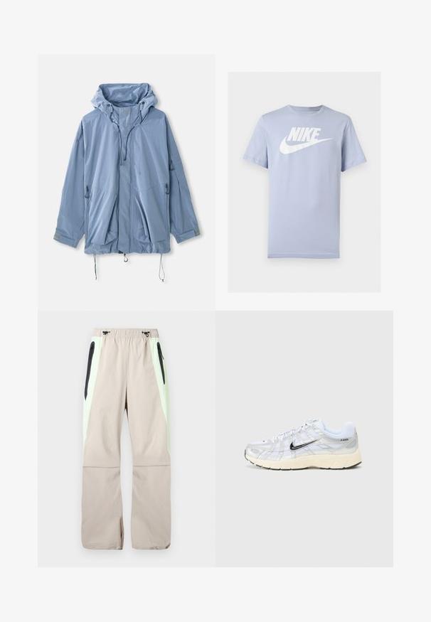 Lichtblauwe jas met een capuchon, verstelbare trekkoorden, twee voorkruiszakken en elastische manchetten. Gemaakt van waterafstotend materiaal met een gladde textuur.; Lichtblauw katoenen T-shirt met korte mouwen en een wit Nike-logo en swoosh op de borst, weergegeven op een effen achtergrond.; Beige broek met lichtgroene zijpanelen, zwarte dijzakken met rits en elastische tailleband met zwarte trekkoorden.; Witte mesh sneakers met zilveren accenten, zwarte Nike swoosh, gevoerde kraag en een gestructureerde zool. Bevat een gelaagd ontwerp voor stabiliteit.