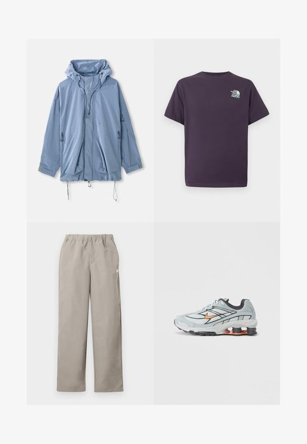 Hellblauer Jacke mit Kapuze, verstellbaren Kordeln, zwei Vorderaschen und elastischen Bündchen. Hergestellt aus wasserabweisendem Material mit einer glatten Textur.; Dunkellila Kurzarm-T-Shirt mit kleinem weißem und türkisfarbenem "The North Face 1966"-Logo auf der linken Brust.; Beige gerade geschnittene Hose mit elastischem Bund und kleinem weißem Logo an der rechten Seitennaht.; Hellgrauer Laufschuh mit schwarzen Akzenten, orangefarbenem Logo, Mesh-Obermaterial, gepolstertem Schaft und Gummisohle mit sichtbaren stoßdämpfenden Einheiten.