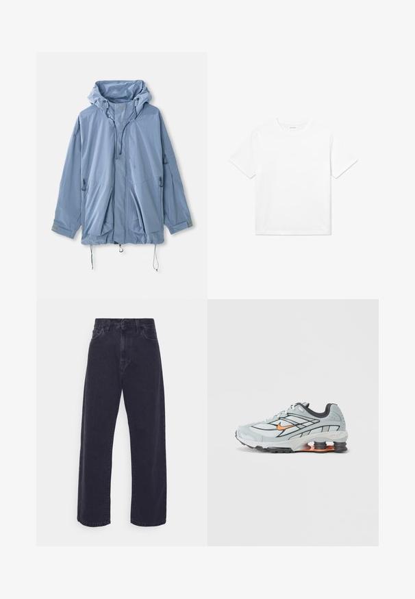 Hellblauer Jacke mit Kapuze, verstellbaren Kordeln, zwei Vorderaschen und elastischen Bündchen. Hergestellt aus wasserabweisendem Material mit einer glatten Textur.; Weißes Baumwoll-T-Shirt mit kurzen Ärmeln, rundem Halsausschnitt und geradem Saum. Glatte Textur ohne sichtbare Muster oder Akzente.; Dunkelblaue Jeans mit weitem Bein, hoher Taille und Fünf-Taschen-Design. Mit einer klassischen Knopf- und Reißverschlussöffnung ausgestattet.; Hellgrauer Laufschuh mit schwarzen Akzenten, orangefarbenem Logo, Mesh-Obermaterial, gepolstertem Schaft und Gummisohle mit sichtbaren stoßdämpfenden Einheiten.