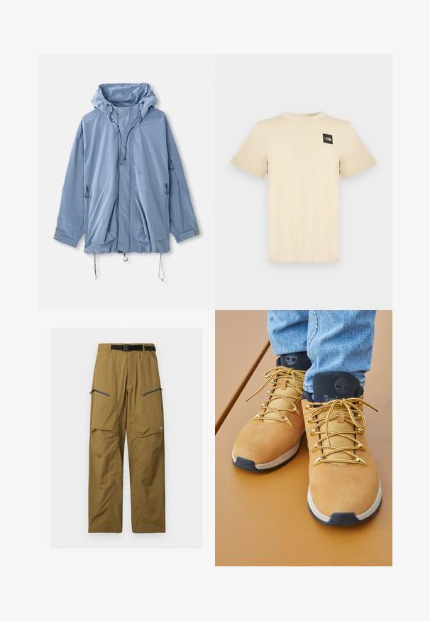 Lysblå jakke med hætte, justerbare snore, to forlommer og elastiske manchetter. Lavet af vandafvisende materiale med en glat tekstur.; Kortærmet beige t-shirt lavet af bomuld med en lille sort firkantet logo på den øverste venstre del af brystet. Enkel rund halsudskæring.; Khaki udendørs bukser med sort justerbart bælte, to lynlåslommer på låret og knæsyninger, vist på en ensfarvet baggrund.; Brune vandrestøvler med en overdel i ruskind, metallisk guld-accenter og en sort polstret krave. Har strukturerede snørebånd og en kontrasterende sål.