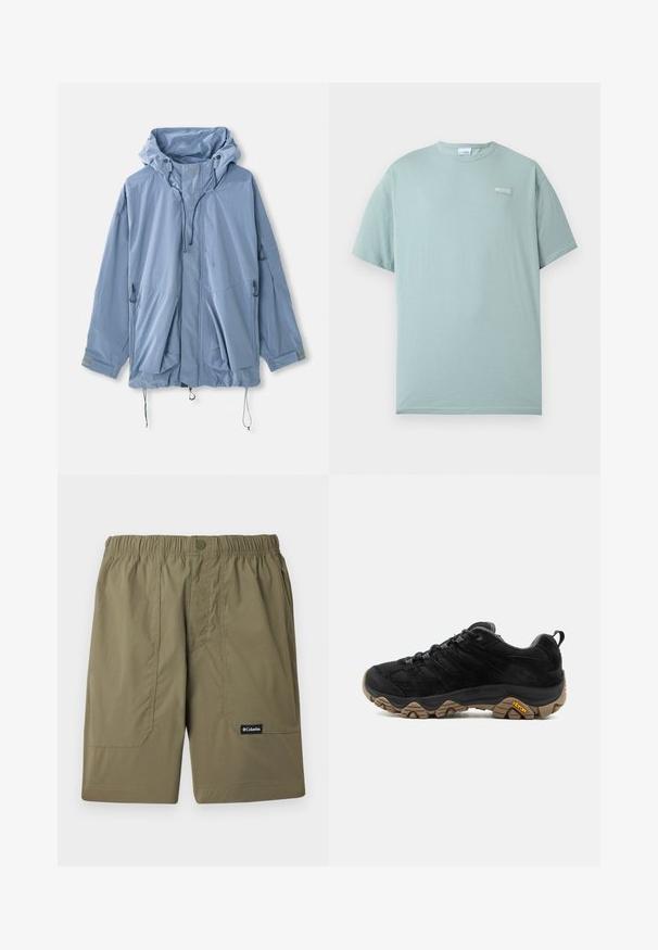 Lysblå jakke med hætte, justerbare snore, to forlommer og elastiske manchetter. Lavet af vandafvisende materiale med en glat tekstur.; Lyseblå T-shirt med korte ærmer og rund halsudskæring med lille hvid Columbia-logo på venstre bryst mod en ensfarvet hvid baggrund.; Oliven grønne Columbia-mærkede shorts med elastisk talje, forlommer og knaplukning på en lys baggrund.; Sort vandrestøvle med robust brun Vibram-sål, mesh og ruskindsoverdel, snørelukning og bageste trækskinnel, vist fra ydersiden.