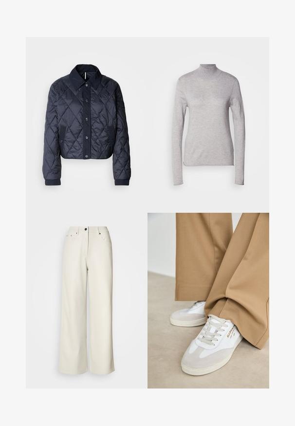 Veste matelassée bleu marine avec un grand col, fermeture à boutons et poignets élastiques. Comprend des coutures diagonales et des poches latérales. Texture douce et lisse.; Haut col roulé gris clair à manches longues, fabriqué à partir d'un tissu en maille douce. Présente une coupe ajustée et un col côtelé. Texture lisse.; Pantalons larges de couleur crème en tissu lisse. Dotés d'une taille mi-haute, d'une fermeture éclair et de deux poches avant avec des accents en matériel noir.; Baskets blanches avec des accents en daim, des lacets texturés et une semelle en caoutchouc. Associées à un pantalon beige ample. Logo affiché sur le côté.