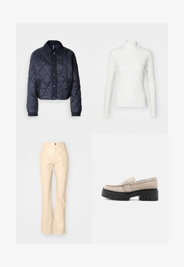 Veste matelassée bleu marine avec un grand col, fermeture à boutons et poignets élastiques. Comprend des coutures diagonales et des poches latérales. Texture douce et lisse.; Haut col roulé blanc à côtes avec des manches longues, fabriqué en tissu extensible. Présente un design ajusté et un encolure haute pour plus de couverture.; Pantalons évasés en simili cuir beige avec une texture lisse, dotés de poches avant, d'une fermeture à bouton et d'une finition légèrement brillante.; Mocassin en daim beige avec boucle argentée et semelle épaisse noire, vue de côté sur fond blanc.