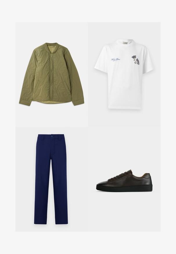 Chaqueta acolchada en verde oliva con escote redondo, cierre delantero a presión, dos bolsillos laterales y patrón texturizado en wavy.; Camiseta blanca de cuello redondo con texto azul "Filling Pieces" y un gráfico decorativo de un plato roto en la parte superior del pecho.; Pantalones azul marino con botón y cremallera, corte recto, parte delantera lisa y bolsillos laterales; fabricados en una tela suave y ligera.; Zapatilla de perfil bajo de cuero marrón oscuro con suela de goma negra, cierre de cordones y diseño liso y minimalista sobre un fondo claro.