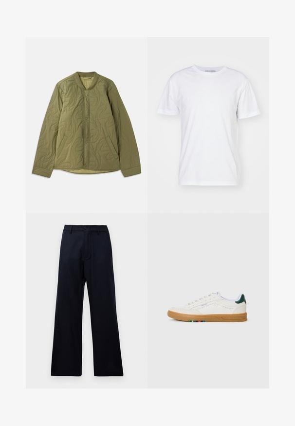 Chaqueta acolchada en verde oliva con escote redondo, cierre delantero a presión, dos bolsillos laterales y patrón texturizado en wavy.; Camiseta de algodón blanca con escote redondo, mangas cortas y corte recto. Sin patrones ni adornos, textura suave y diseño sencillo.; Pantalones anchos de cintura alta negros con pasadores de cinturón, botón frontal y cierre de cremallera sobre un fondo blanco liso.; Zapatilla blanca de cuero con diseño perforado, suela de goma, acento verde en el talón y detalle de rayas coloridas en el lateral.