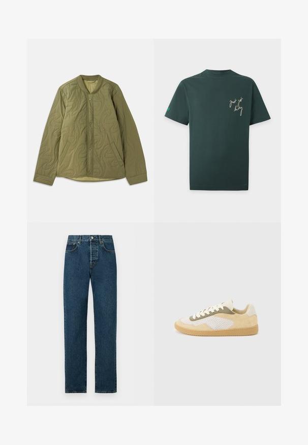 Veste olive verte matelassée avec un col rond, fermeture éclair à pressions sur le devant, deux poches latérales et un motif ondulé texturé.; T-shirt manches courtes vert foncé avec texte manuscrit couleur crème "just got lucky" sur la poitrine gauche et un petit trèfle à quatre feuilles vert sur la manche gauche.; Jean en denim bleu foncé à coupe droite, fermeture avant par bouton et zip, passants pour ceinture, poches avant et surpiqûres contrastées.; Baskets basses en daim beige, panneaux en maille blanche, accents olive, lacets blancs et semelle en caoutchouc naturel sur fond gris clair.