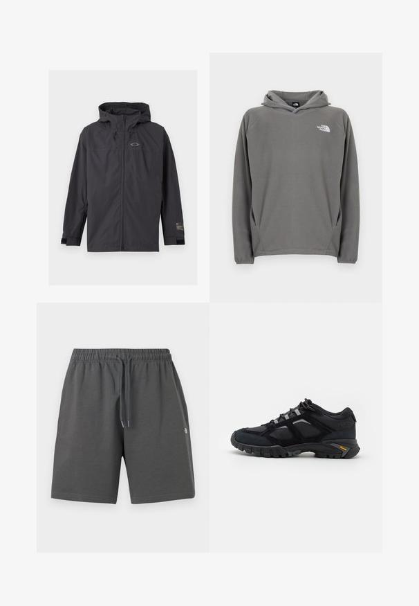 Veste coupe-vent noire à capuche avec fermeture éclair sur le devant et sangles de poignet réglables, présentée à plat sur un fond clair.; Sweat à capuche en polaire grise avec une poche avant, une capuche à cordon de serrage ajustable et un petit logo blanc sur le côté gauche de la poitrine.; Shorts gris en tissu doux avec une ceinture élastique et un cordon de serrage ajustable. Présentent un design simple sans poches ni motifs.; Chaussure extérieure noire en daim et en maille avec une semelle robuste. Présente des accents gris et une marque Vibram sur le côté. Design à lacets.