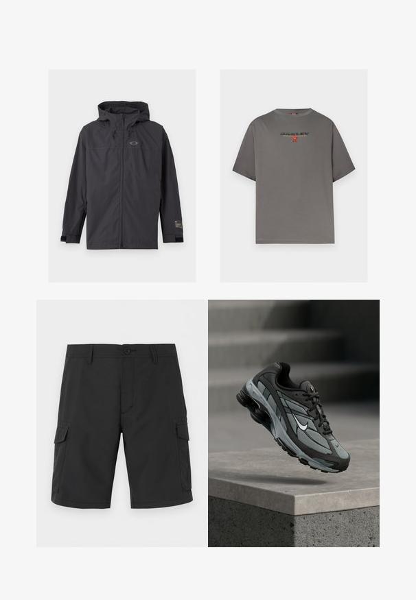 Veste coupe-vent noire à capuche avec fermeture éclair sur le devant et sangles de poignet réglables, présentée à plat sur un fond clair.; T-shirt gris à manches courtes avec le logo "OAKLEY" et un petit graphisme rouge centré sur la poitrine, présenté sur un fond blanc uni.; Short cargo noir longueur genou avec passants de ceinture, fermeture à boutons, poches avant et poches à rabat des deux côtés.; Baskets athlétiques grises et noires avec panneaux en mesh et semelle épaisse, positionnées en plein air au-dessus d'un rebord en béton avec des escaliers en arrière-plan.