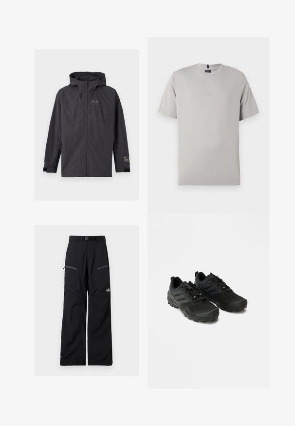 Veste coupe-vent noire à capuche avec fermeture éclair sur le devant et sangles de poignet réglables, présentée à plat sur un fond clair.; T-shirt gris à manches courtes en coton doux, avec un logo discret à l'avant. Design classique à col rond et ourlet droit.; Pantalon de plein air noir avec ceinture ajustable, deux poches cuisses zippées et le logo The North Face sur la jambe droite.; Baskets noires avec une tige texturée, une semelle en caoutchouc durable et des accents réfléchissants subtils ; dotées d'un système de laçage pour un maintien sécurisé.