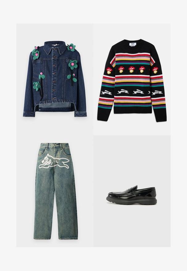 Denimjakke med frontknapper, krave og blomsterapplikationer i grøn og pink, med en cropped design og afslappet pasform.; Sort striktrøje med farverige horisontale striber, røde svampe og hvide løbende kaniner mønster hen over brystet og ærmerne.; Lyseblå denimjeans med en løs pasform, der har et stort hvidt kattegrafik på venstre ben og et traditionelt femlomme-design.; Sort læderloafer med en blank finish, rund tå, subtile syninger og en tyk gummisål for holdbarhed.