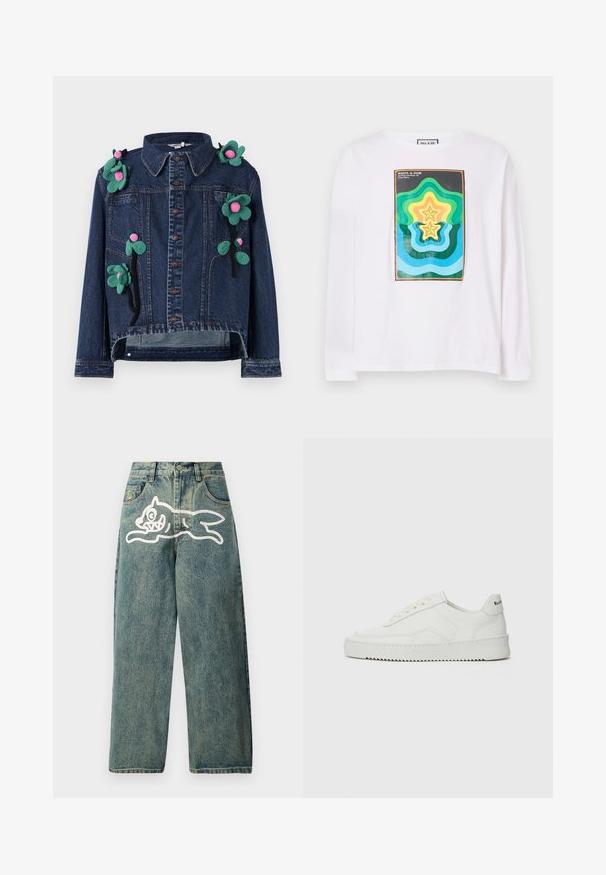 Jeansjacke mit Vorderknöpfen, Kragen und floralen Applikationen in Grün und Pink, mit einer verkürzten Passform und lässigem Schnitt.; Weißes Langarm-T-Shirt mit einem bunten geometrischen Druck, der geschichtete Sternformen in Grün, Gelb und Blau zeigt, umrahmt von einem dunklen Rand.; Hellblaue Jeans im lässigen Schnitt mit einer großen weißen Katzengrafik auf dem linken Bein und klassischem Fünf-Taschen-Design.; Weiße Ledersneaker mit glatter Oberfläche, runder Zehenpartie, flachen Schnürsenkeln und strukturiertem Sohlenprofil. Mit einem dezenten Logo an der Ferse.