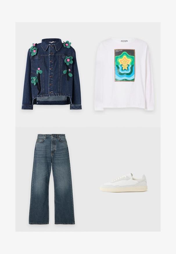 Denimjakke med frontknapper, krave og blomsterapplikationer i grøn og pink, med en cropped design og afslappet pasform.; Hvid langærmet t-shirt med et farverigt geometrisk print bestående af lagdelte stjernetyper i grøn, gul og blå, indrammet af en mørk kant.; Højtaljede, brede ben blå jeans med forlommer, bælteløkker og knaplukning, lavet af medium-vasket denim.; Hvid sneakers med en øvre del i tekstureret ruskind og læder. Har rundet tå, snørelukning og kontrasterende beige gummisål.