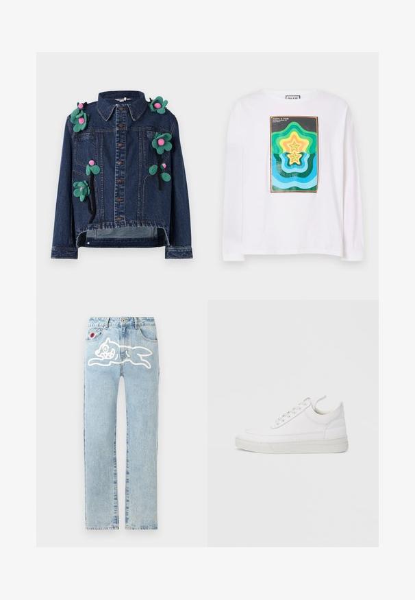 Jeansjacke mit Vorderknöpfen, Kragen und floralen Applikationen in Grün und Pink, mit einer verkürzten Passform und lässigem Schnitt.; Weißes Langarm-T-Shirt mit einem bunten geometrischen Druck, der geschichtete Sternformen in Grün, Gelb und Blau zeigt, umrahmt von einem dunklen Rand.; Icecream RUNNING DOG PANT - Jeans Straight Leg - heavy wash blue; Weißer Ledersneaker mit abgerundetem Zehenbereich, flacher Sohle und Schnürverschluss. Verfügt über Nahtdetails und einen gepolsterten Kragen für zusätzlichen Komfort.