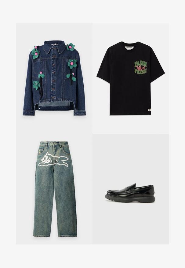 Denimjakke med frontknapper, krave og blomsterapplikationer i grøn og pink, med en cropped design og afslappet pasform.; Sort bomulds t-shirt med et grafisk print i grøn og pink tekst, der siger "FARM FRESH", med en løs pasform og korte ærmer.; Lyseblå denimjeans med en løs pasform, der har et stort hvidt kattegrafik på venstre ben og et traditionelt femlomme-design.; Sort læderloafer med en blank finish, rund tå, subtile syninger og en tyk gummisål for holdbarhed.