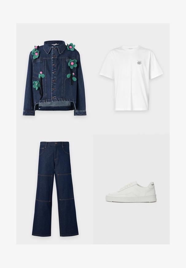 Denimjakke med frontknapper, krave og blomsterapplikationer i grøn og pink, med en cropped design og afslappet pasform.; Hvid t-shirt lavet af bomuld med korte ærmer, rund halsudskæring og et lille gråt logo på venstre brystområde. Glat tekstur.; Mørkeblå denim bukser med vid ben og kontrasterende orange syninger, der har store lappelommer på hver ben og en knaplukning i taljen.; Hvide lædersneakers med en glat overflade, rund tå, flade snørebånd og en tekstureret sål. Har et diskret logo på hælen.