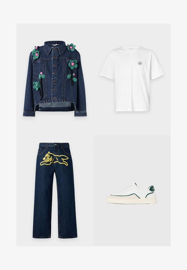 Denimjakke med frontknapper, krave og blomsterapplikationer i grøn og pink, med en cropped design og afslappet pasform.; Hvid t-shirt lavet af bomuld med korte ærmer, rund halsudskæring og et lille gråt logo på venstre brystområde. Glat tekstur.; Mørkeblå denim jeans med et stort gult grafisk motiv af en springende karakter på baglommen. Lige ben design med standard syninger.; Hvide lavtop sneakers med grønne detaljer, beige ruskind og en cremefarvet sål med en rilllet bund.