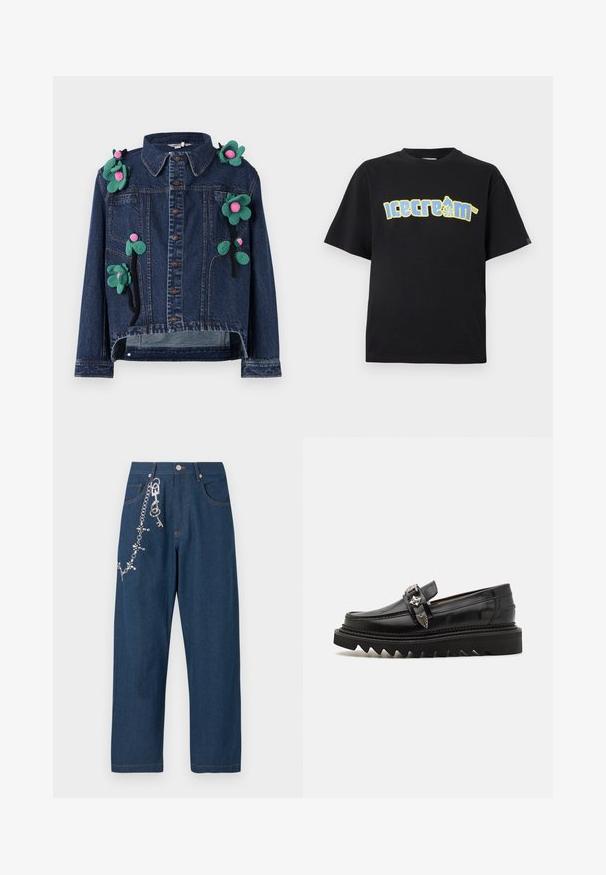 Jeansjacke mit Vorderknöpfen, Kragen und floralen Applikationen in Grün und Pink, mit einer verkürzten Passform und lässigem Schnitt.; Schwarzes T-Shirt mit kurzen Ärmeln, das eine große gelb-blaue "icecrem"-Grafik mit einer rollschuhlaufenden Figur zeigt. Weicher, glatter Stoff; lässige Passform.; Dunkelblaue Canvas-Weitbein-Jeans mit einer Kette, an der auf der linken Seite Strasssteine befestigt sind, und sichtbaren orangen Nähten an den Taschen und dem Saum.; Schwarze Leder Slipper mit silbernen Hardware-Akzenten, einer erhöhten Zickzack-Sohle und einem schlanken, runden Design; glatte Textur und glänzende Oberfläche.