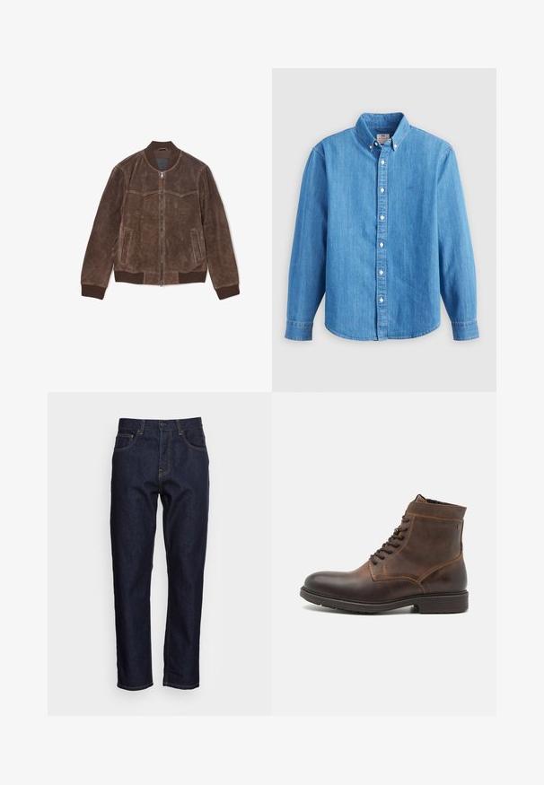 Brun suede bomberjakke med frontlynt, ribbet krave, manchetter, talje og to sidelommer.; Lyseblå denimskjorte med lange ærmer, knap-ned krave og hvide knapper. Har et lille broderet logo på brystet.; Mørkeblå denimjeans med lige pasform, fem lommer og kontrasterende gul syning. Designet med en klassisk knap- og lynlåslukning.; Jack & Jones JFWDELANEY BOOT - Snørestøvletter - cognac