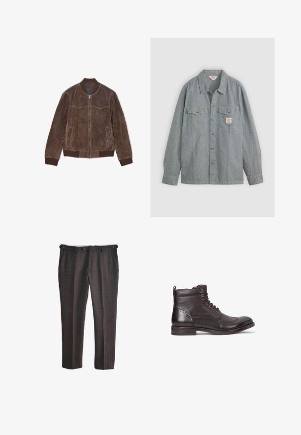 Brun suede bomberjakke med frontlynt, ribbet krave, manchetter, talje og to sidelommer.; Stribet skjorte i blå og hvid, med krave, to brystlommer og et lille mærke. Lavet af letvægtsstof.; Mørkegrå formelle bukser med subtilt vinduesrude-mønster, forknap og sidelommer, vist fladt på en hvid baggrund.; Mørkebrune læder ankelstøvler med wingtip-design, rund tå, diskrete brogue-detaljer, metaløjer og flad hæl. Har en træksløjfe.