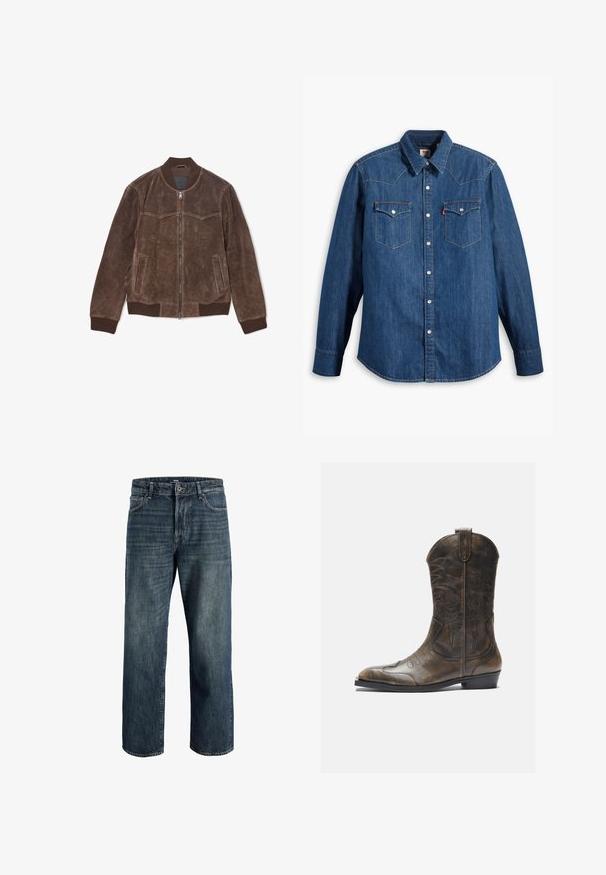 Bruine suède bomberjack met een voorsluiting, geribde kraag, mouwen en tailleband, en twee zijzakken.; Denim overhemd in donkerblauw met lange mouwen, puntige kraag en drukknoopsluiting. Bevat twee borstzakken met kleppen en contrasterende stiksels.; Donkerblauwe denim jeans met een losse pasvorm, voorzien van een vijf-pocket ontwerp, knoop- en ritsluiting, en zichtbare stikseldetails.; Bruine leren cowboylaars met een hoge schacht, spitse neus, ingewikkelde stikpatronen en een kleine hak. Gevarieerde afwerking overal.