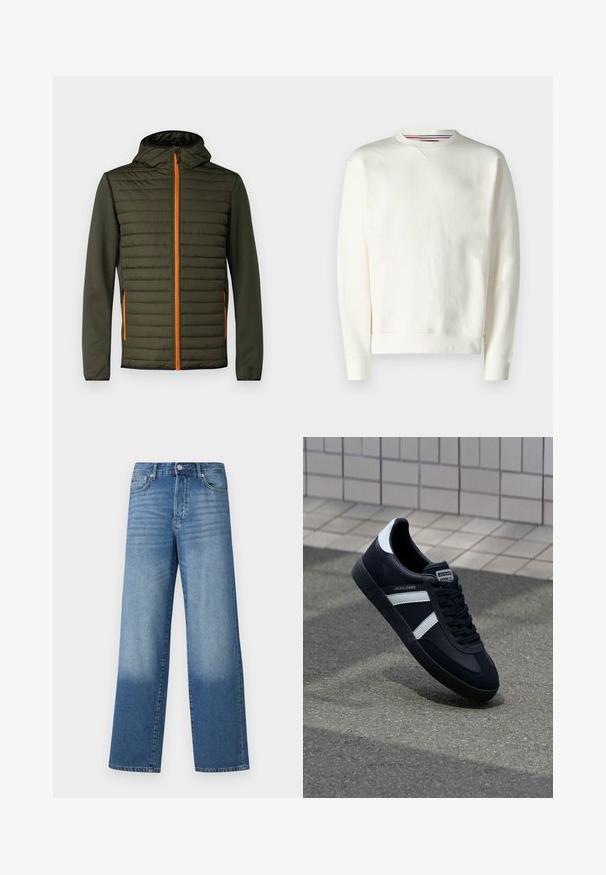 Veste rembourrée de couleur vert foncé avec une fermeture éclair orange. Dotée d'une capuche et de manches lisses. Couture horizontale sur le panneau de poitrine pour une texture.; Sweat-shirt blanc avec un col rond, des poignets côtelés et un léger détail de logo. Matière douce avec une texture lisse et un design minimaliste.; Jean droit taille haute bleu avec des dégradés au niveau des cuisses et une teinte plus foncée près des ourlets, avec un bouton avant et des poches visibles.; Sneaker en cuir noir avec des rayures blanches, semelle en caoutchouc texturée et devant à lacets. Présente une étiquette de marque sur la languette.