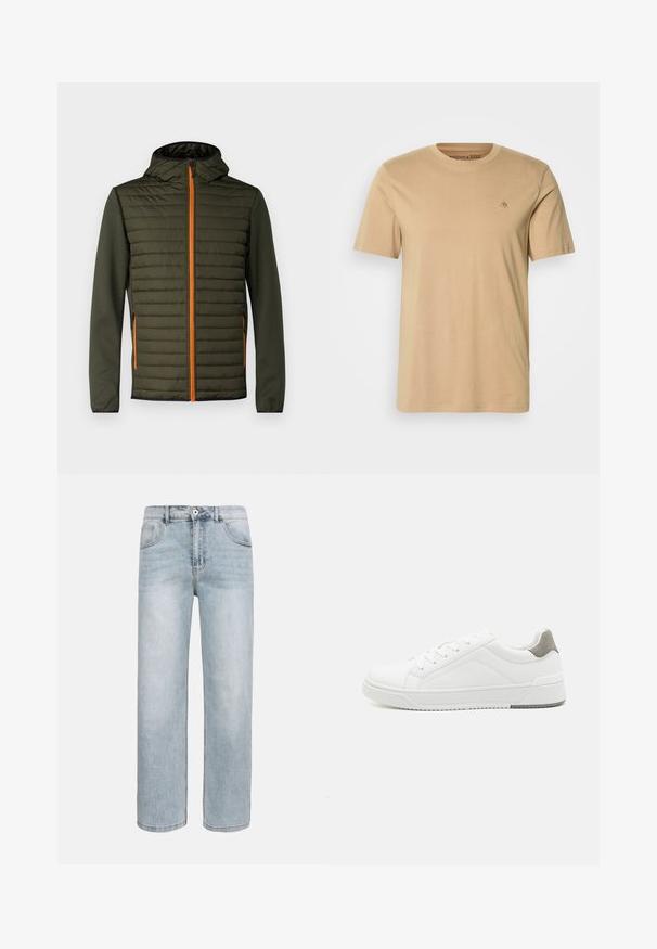 Veste rembourrée de couleur vert foncé avec une fermeture éclair orange. Dotée d'une capuche et de manches lisses. Couture horizontale sur le panneau de poitrine pour une texture.; T-shirt en coton beige avec un col rond, des manches courtes et un petit logo brodé sur la poitrine. Texture lisse et coupe standard.; Jean bleu clair à jambes droites avec poches avant, fermeture par bouton et légère décoloration sur les cuisses et les genoux.; Basket blanche en cuir lisse, à bout arrondi, design minimaliste, accent de talon gris et semelle en caoutchouc texturé.