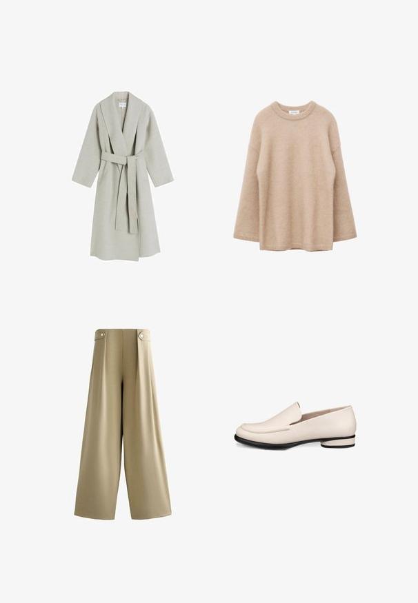 Manteau long en laine gris clair avec un col châle, des manches larges et une ceinture en tissu assorti. Il présente un design minimaliste et sans motifs visibles.; Pull beige à manches longues avec col rond, texture douce et duveteuse, coupe décontractée, présenté sur un fond blanc.; Pantalon beige à jambes larges avec taille haute et pattes boutonnées de chaque côté de la ceinture, devant lisse et ourlet longueur complète.; Mocassins en cuir beige avec un bout arrondi, des coutures minimales et un petit talon noir. Texture lisse avec une finition polie.