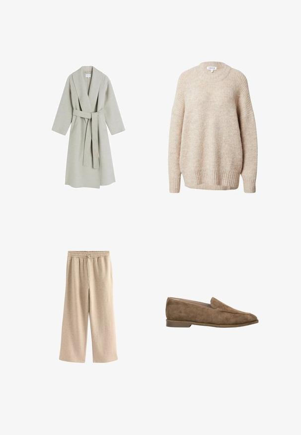 Manteau long en laine gris clair avec un col châle, des manches larges et une ceinture en tissu assorti. Il présente un design minimaliste et sans motifs visibles.; Pull en tricot beige avec un col rond, des épaules tombantes et des poignets et un ourlet côtelés. Il offre une coupe légèrement ample et texturée.; Pantalons larges de couleur crème en tissu doux en mélange de coton. Ils présentent une taille élastique avec cordon de serrage et une texture subtilement mouchetée.; Mocassin en daim marron à enfiler avec petit talon et bout arrondi, vue de côté sur fond blanc.