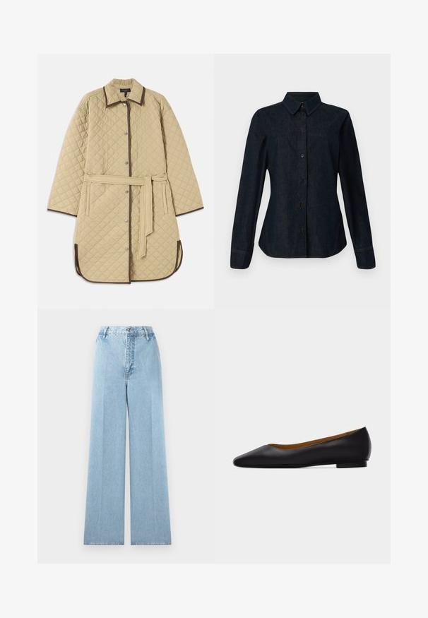 Manteau en beige matelassé avec un col, présentant des bordures marron, des boutons-pression, des poches latérales et une ceinture assortie. Motif en losanges texturé sur toute la surface.; CLOSED SEAMING SHIRT - Chemisier - dark blue; Jeans larges bleu clair en denim avec une taille haute, comprenant cinq passants de ceinture, une fermeture à bouton à l'avant et des coutures cousues.; Chaussure plate en cuir noir à bout pointu avec talon bas et finition lisse, vue de côté sur un fond gris clair.