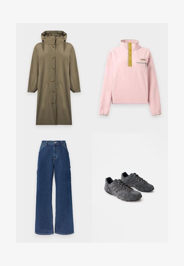 Imperméable long vert olive à capuche avec fermeture à boutons sur le devant et manches longues, présenté sur un fond blanc.; Pull polaire rose clair avec un col montant, quatre boutons jaunes, une poche zippée grise et des bordures élastiques à l'ourlet et aux poignets.; Jean en denim bleu foncé taille haute à jambes larges avec poches avant, poches latérales utilitaires, et fermeture à boutons et zip.; Baskets de sport en suède noir avec une surface texturée, un design arrondi et des semelles en caoutchouc. Elles sont dotées de lacets et de rayures horizontales sur les côtés.