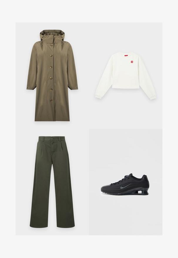 Imperméable long vert olive à capuche avec fermeture à boutons sur le devant et manches longues, présenté sur un fond blanc.; Sweatshirt blanc court avec des manches longues, un col rond et un patch logo rouge sur la poitrine gauche. Tissu doux et poignets côtelés.; Pantalon vert olive à jambes droites avec passants pour ceinture, fermeture à boutons à l'avant et poches latérales sur fond blanc.; Baskets Nike noires avec une tige texturée, arborant un design élégant, une fermeture à lacets, et une unité d'air visible au talon. Accent de marque minimaliste.