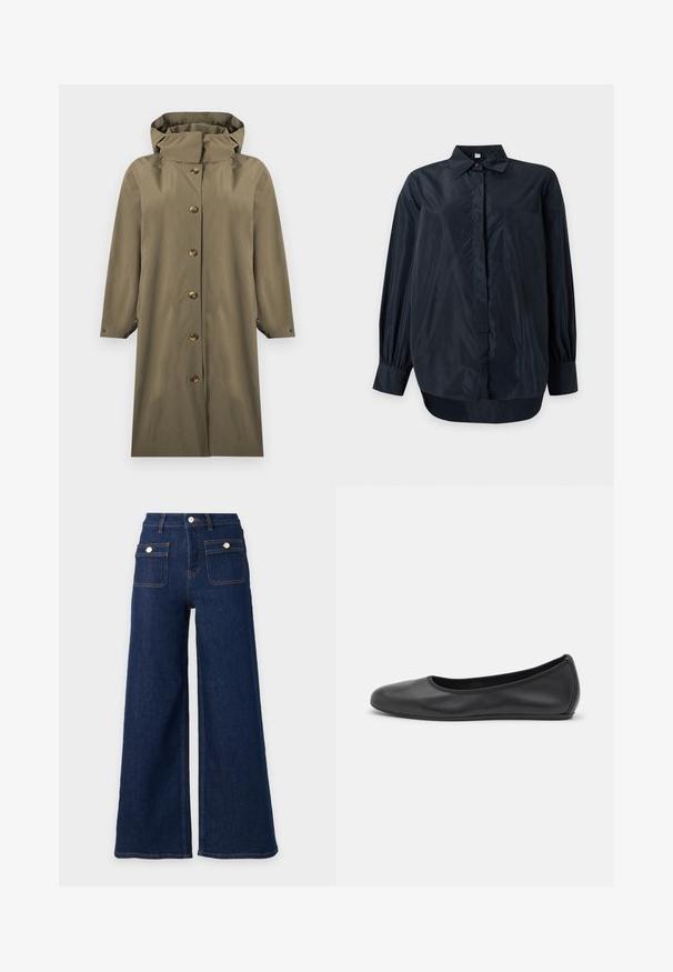 Imperméable long vert olive à capuche avec fermeture à boutons sur le devant et manches longues, présenté sur un fond blanc.; Chemise noire à manches longues, boutonnée, avec col et poche poitrine, présentée sur un fond clair uni.; Jeans en denim bleu foncé à jambes larges, taille haute et deux poches avant à rabat avec boutons.; Ballerines en cuir noir avec un bout rond, texture lisse, détails de couture minimalistes et design de semelle flexible.