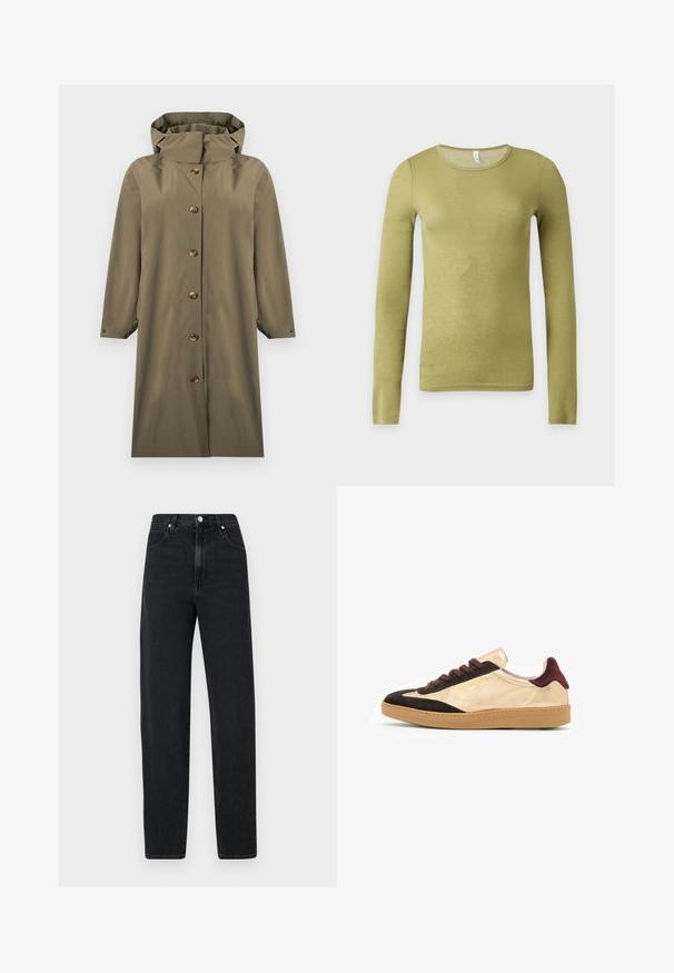 Imperméable long vert olive à capuche avec fermeture à boutons sur le devant et manches longues, présenté sur un fond blanc.; Chemise ajustée à manches longues de couleur vert olive avec un col rond sur un fond clair uni.; Jean noir à jambe droite en denim. Présente une taille haute, une fermeture à bouton en métal, cinq poches et des détails de couture subtils.; Baskets basses en suède doré et noir avec des lacets marron, semelle en caoutchouc texturé et détail de logo sur le côté extérieur.