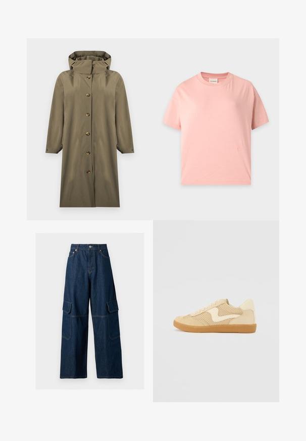 Imperméable long vert olive à capuche avec fermeture à boutons sur le devant et manches longues, présenté sur un fond blanc.; T-shirt à manches courtes rose clair avec un col rond, une coupe droite et un petit logo brodé ton sur ton près de l’ourlet inférieur.; Pantalon cargo en denim bleu foncé à jambes larges, bouton devant, fermeture éclair et poches à rabats sur les deux cuisses.; Sneaker beige avec des matériaux en daim et en maille, forme arrondie, col rembourré proéminent et semelle en caoutchouc gomme. Présente un accent de design en forme de vague.