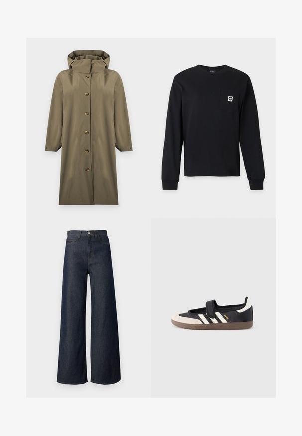 Imperméable long vert olive à capuche avec fermeture à boutons sur le devant et manches longues, présenté sur un fond blanc.; Chemise noire à manches longues avec col rond et poche poitrine comportant un petit écusson logo carré blanc.; Jean en denim foncé à jambes larges avec une taille haute, doté d'un design à cinq poches, de surpiqûres dorées et d'un détail bouton en métal. Texture lisse dans l'ensemble.; Baskets noires et beiges avec une bride en velcro, trois bandes blanches sur le côté, et une semelle en caoutchouc marron texturée. Logo de la marque visible.