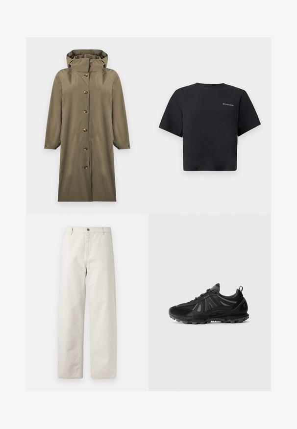 Imperméable long vert olive à capuche avec fermeture à boutons sur le devant et manches longues, présenté sur un fond blanc.; T-shirt court noir à manches courtes, style crop, avec un petit logo Columbia blanc sur le côté gauche de la poitrine, col rond, design simple sur fond blanc.; Pantalon beige à jambes larges avec fines rayures verticales discrètes, passants de ceinture, fermeture par bouton et poches avant.; Chaussure de trail running noire avec semelle robuste, tige en mesh et synthétique, fermeture à lacets et languette de tirage sur fond blanc.