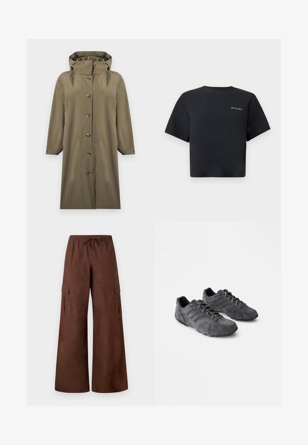 Imperméable long vert olive à capuche avec fermeture à boutons sur le devant et manches longues, présenté sur un fond blanc.; T-shirt court noir à manches courtes, style crop, avec un petit logo Columbia blanc sur le côté gauche de la poitrine, col rond, design simple sur fond blanc.; Pantalon cargo marron à jambes larges avec une taille élastique, un cordon de serrage, des poches à rabat latérales et des détails à boutons-pression aux ourlets.; Baskets de sport en suède noir avec une surface texturée, un design arrondi et des semelles en caoutchouc. Elles sont dotées de lacets et de rayures horizontales sur les côtés.