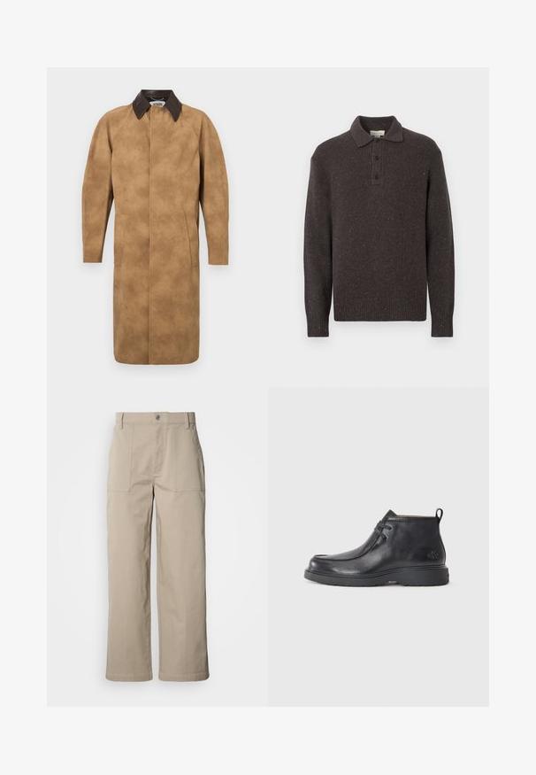 Beige Wildledermantel mit einem braunen Lederkragen, langen Ärmeln, Seiten Taschen und einem geraden Schnitt. Glatte Textur mit minimalen Details.; Dunkelbrauner gestrickter Pullover mit Kragen, Drei-Knopf-Leiste sowie gerippten Bündchen und Saum. Verfügt über ein strukturiertes Muster mit Farbsprenkel.; Beige Hosen mit weitem Bein aus Baumwolle; mit vorderen aufgesetzten Taschen, einem Knopfverschluss und sichtbaren Nähten entlang der Säume.; Schwarze Leder-Stiefel bis zur Knöchel mit runder Zehenform, Schnürdesign und einer Ziehlasche auf der Rückseite. Strukturiertes Obermaterial und Gummisohle.